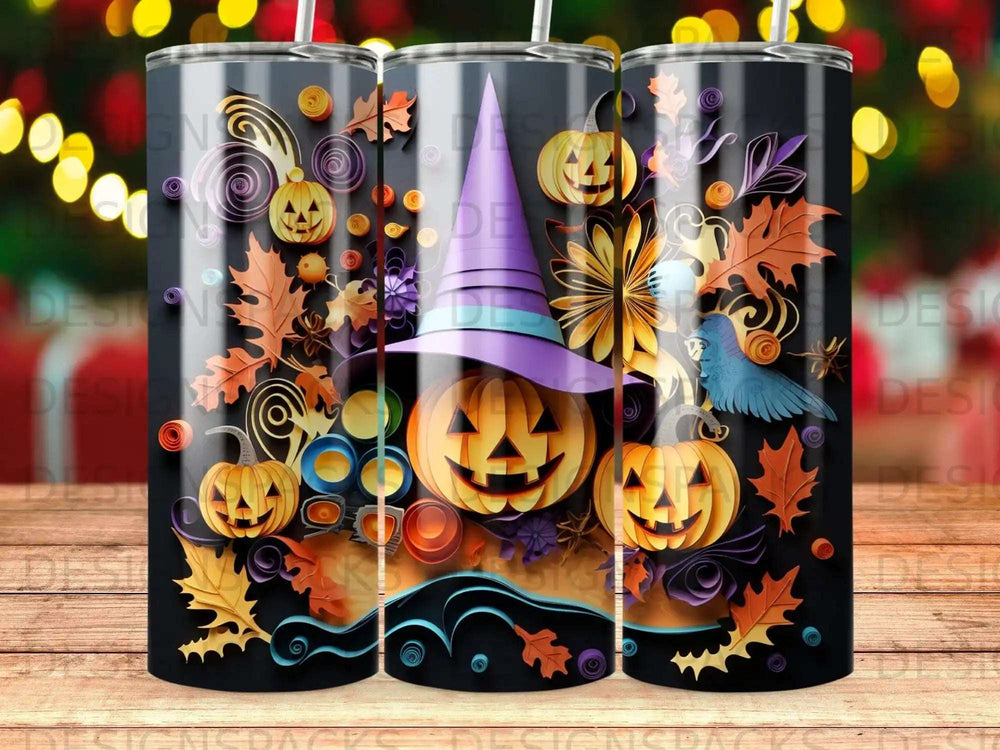 Halloween tumbler with pumpkins, witch hat, and fall leaves.