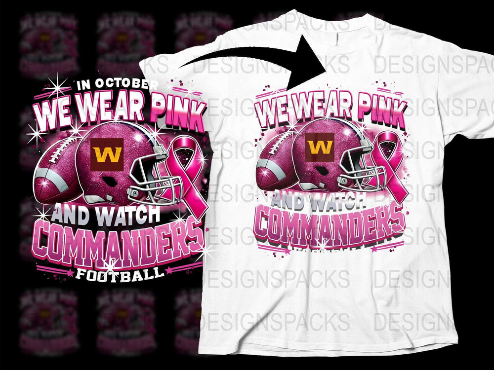 'In October We Wear Pink' Breast Cancer Awareness Football T-Shirt, Commanders Fan Gear