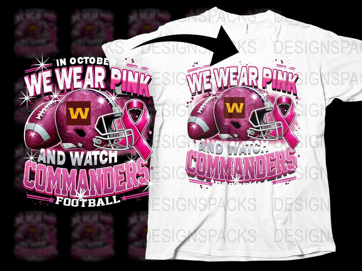 'In October We Wear Pink' Breast Cancer Awareness Football T-Shirt, Commanders Fan Gear