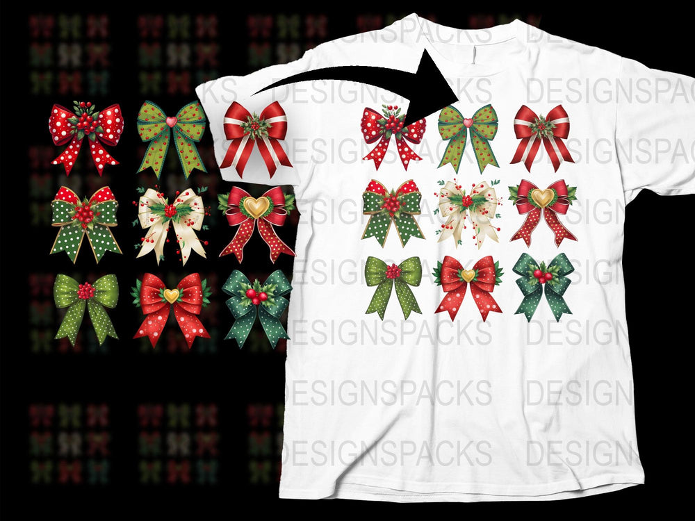 Festive Christmas Bow T-Shirt, Holiday Graphic Tee, Colorful Bow Print, Casual Holiday Apparel for All Ages