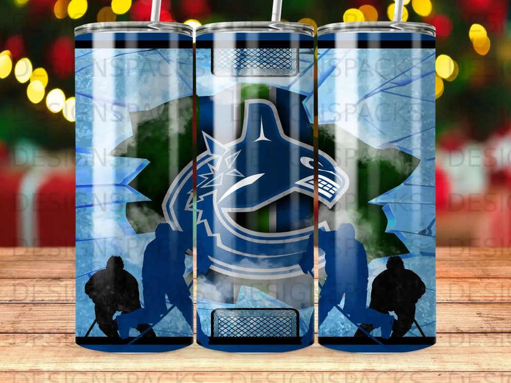 Vancouver Canucks logo with hockey players and net on a blue, icy background.