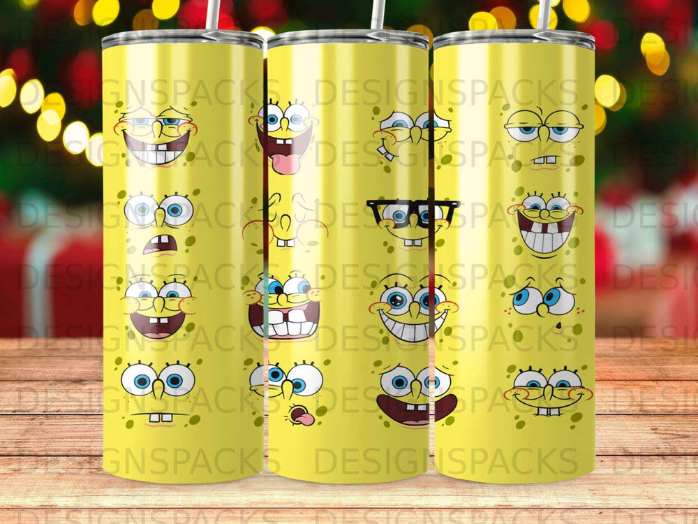 Yellow tumbler with cartoon faces and glasses.