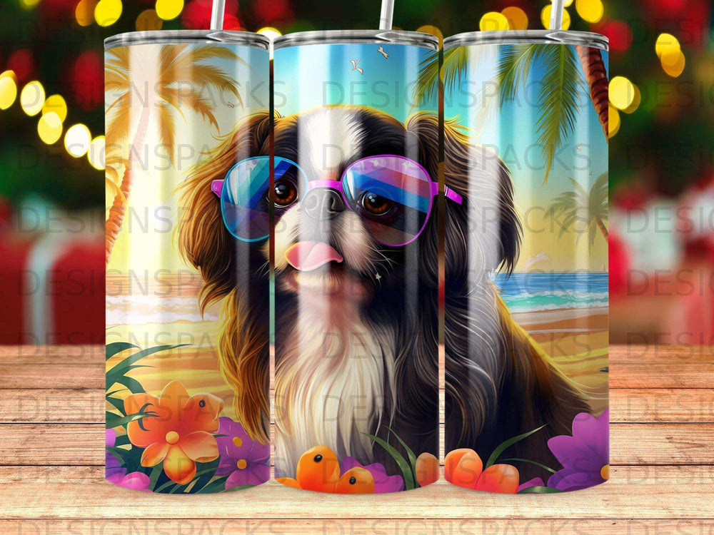 Dog with sunglasses at the beach, floral and tropical background.