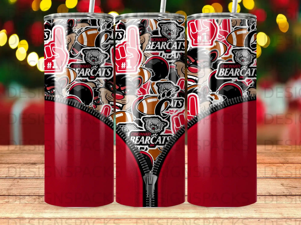 Cincinnati Bearcats insulated tumbler with zipper graphic and football helmet details.