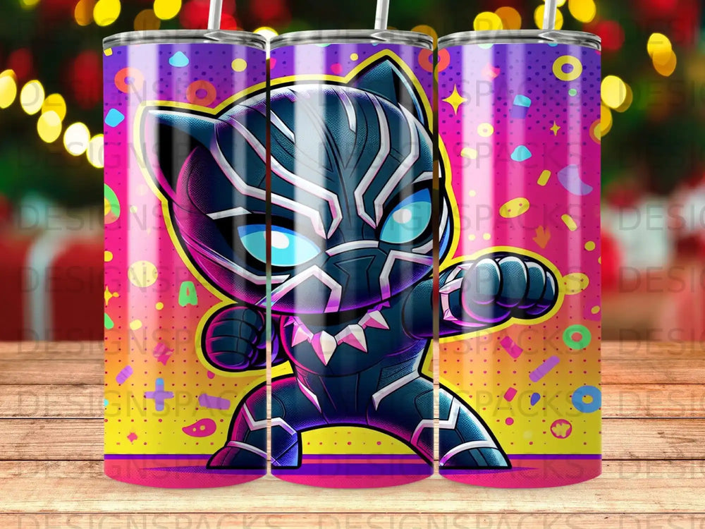 Chibi Black Panther character with a bold pattern on a tumbler.