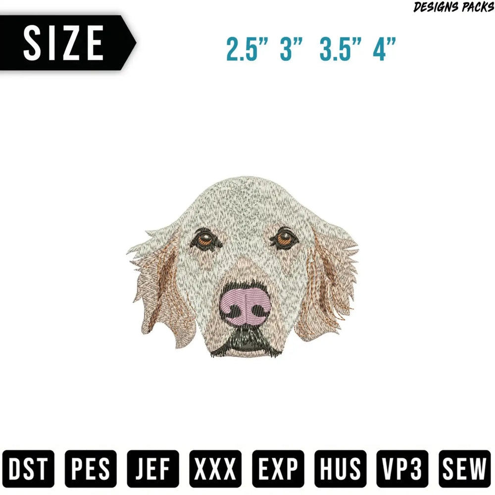 Embroidery design of a golden retriever face in multiple sizes.