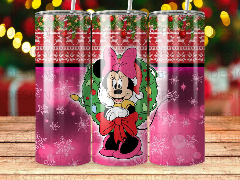 Minnie Mouse in Santa hat with snowflake wreath and Christmas background.