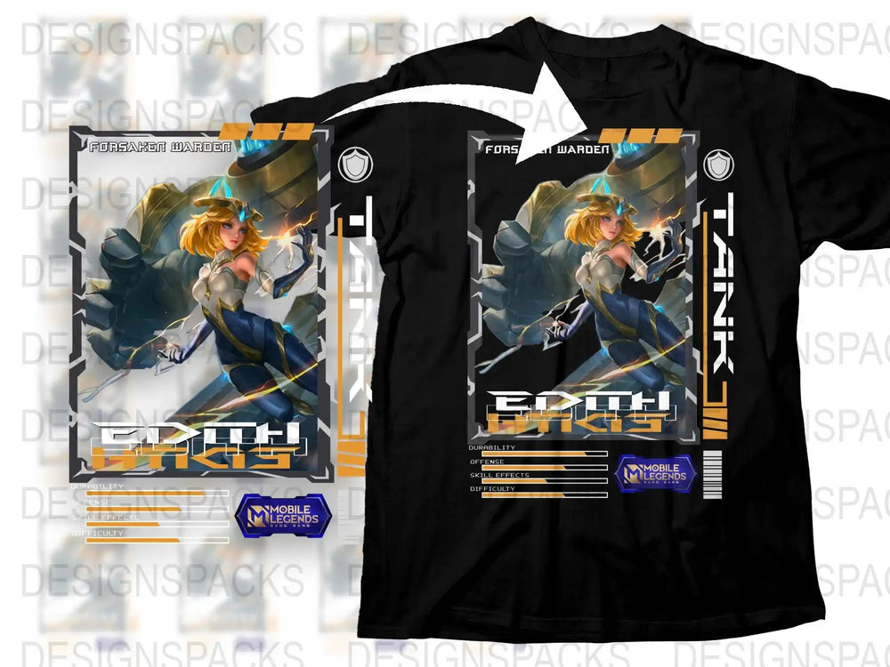 Anime Graphic T-Shirt, Mobile Legends Edith Warden Theme, Gamer Apparel, Unisex Black Tee