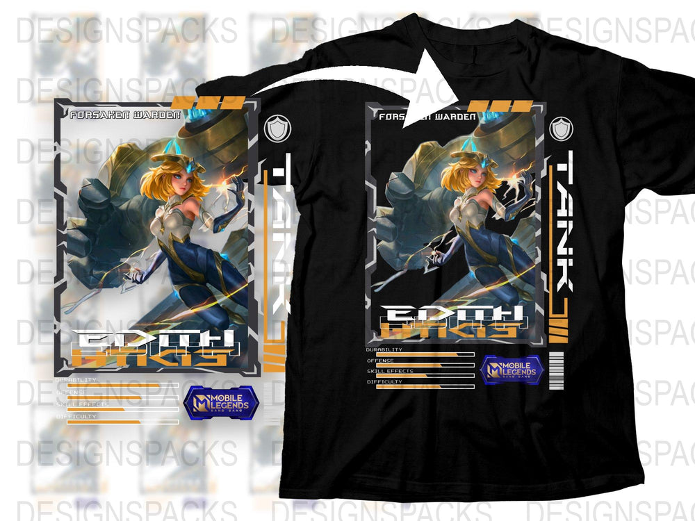Anime Graphic T-Shirt, Mobile Legends Edith Warden Theme, Gamer Apparel, Unisex Black Tee