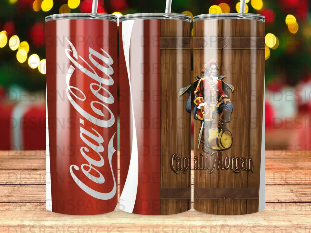 Coca-Cola tumbler next to a Captain Morgan tumbler with pirate imagery.