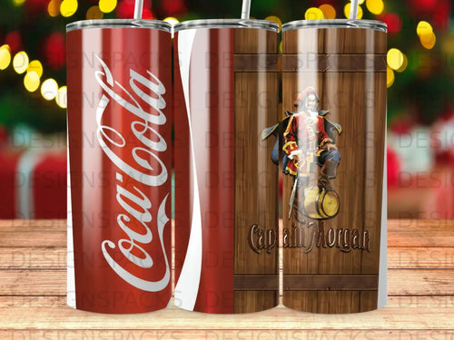 Coca-Cola tumbler next to a Captain Morgan tumbler with pirate imagery.
