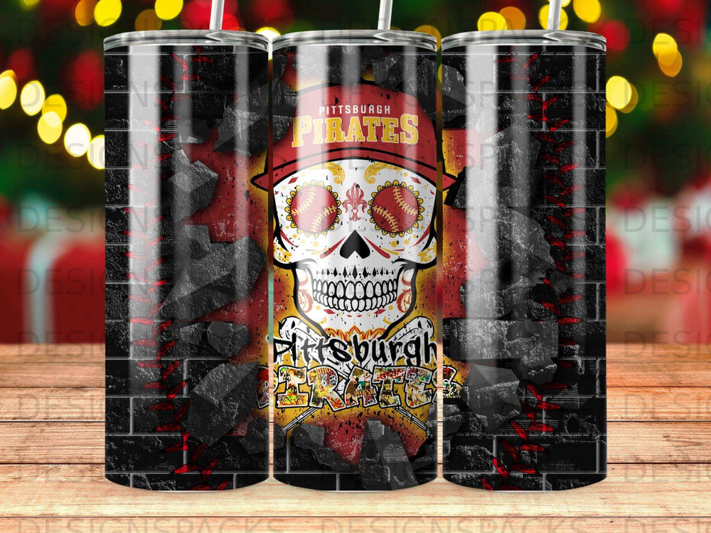 Pittsburgh Pirates skull tumbler with brick and coal background.