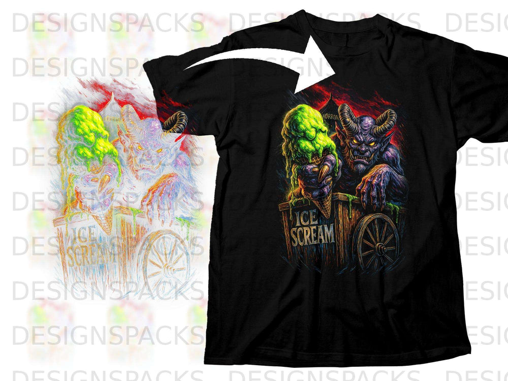 Black t-shirt with a graphic of a demon holding melting ice cream cones.