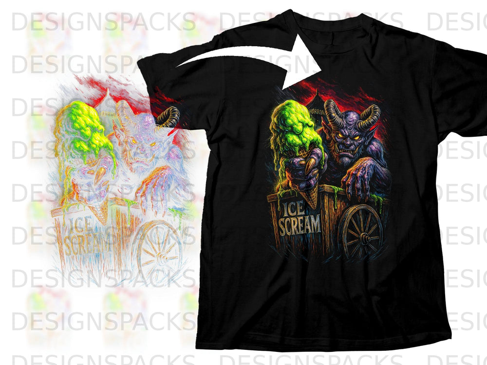 Black t-shirt with a graphic of a demon holding melting ice cream cones.