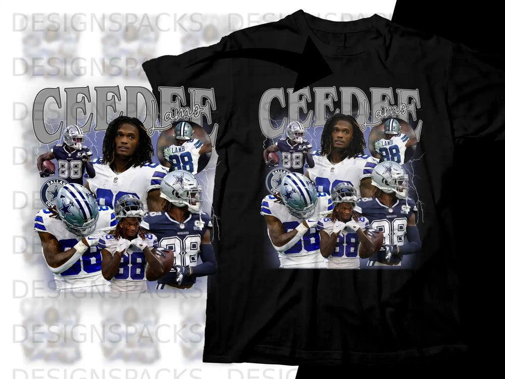 Collage of Dallas Cowboys player CeeDee Lamb in uniform, with his name and number.