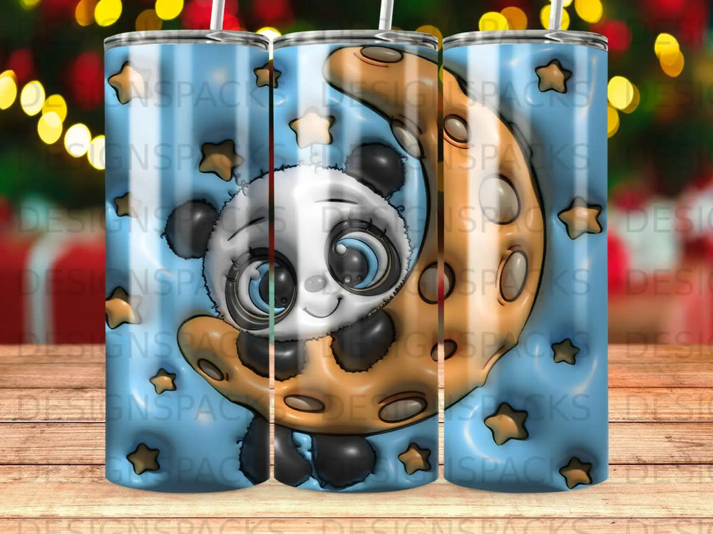 Cute panda sits on a crescent moon with stars, on a striped tumbler.