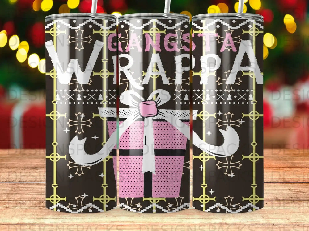Gangsta Wrappa tumbler with pink gift and festive background.