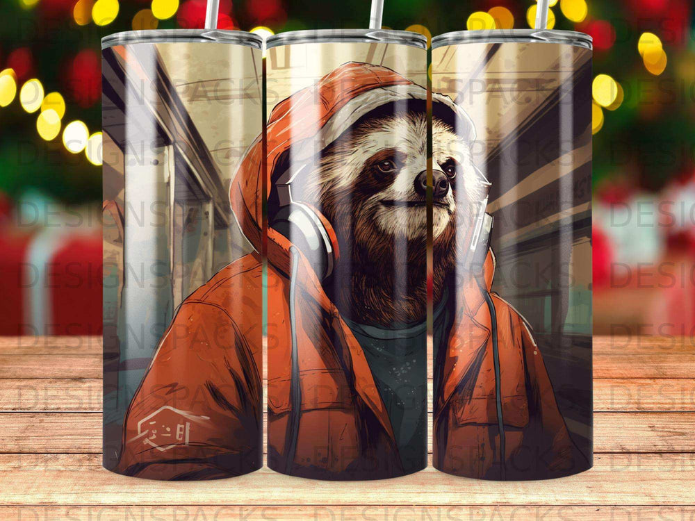 Sloth wearing headphones and an orange hoodie.