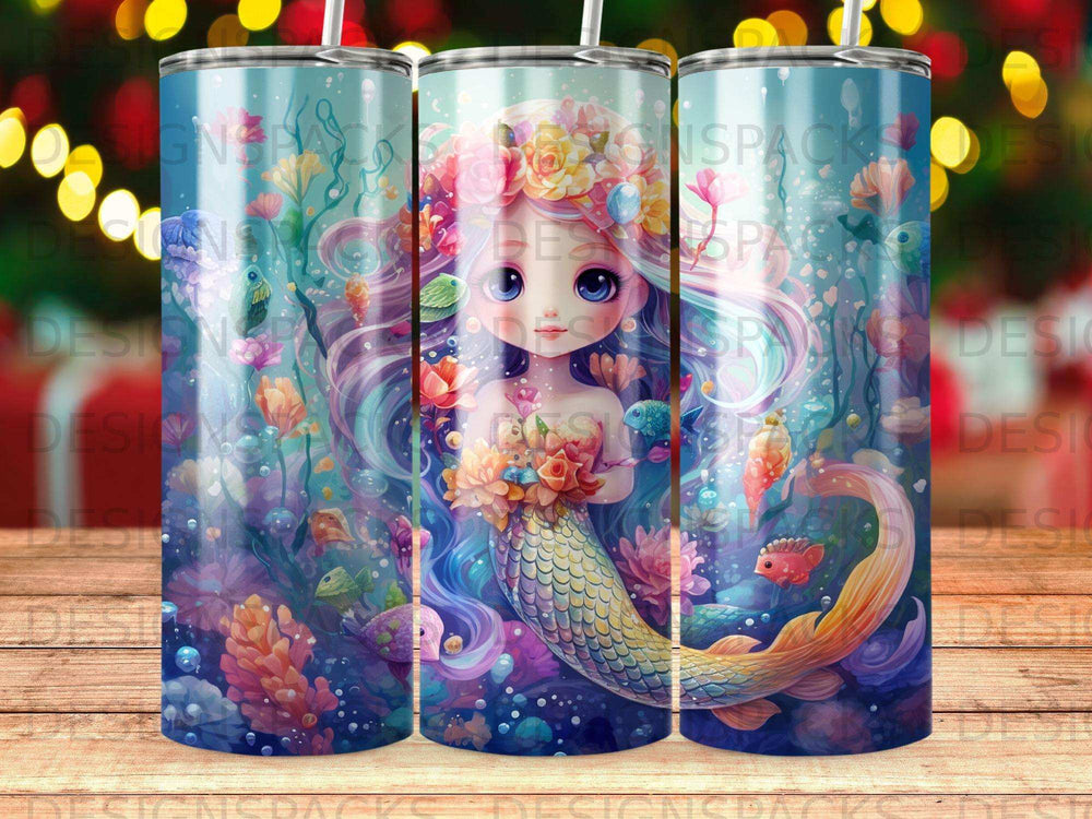 Mermaid with flowers and fish in underwater scene.