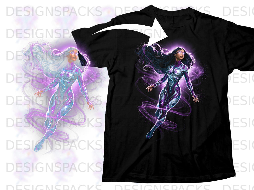 Black t-shirt with a purple and blue glowing female figure with long hair.