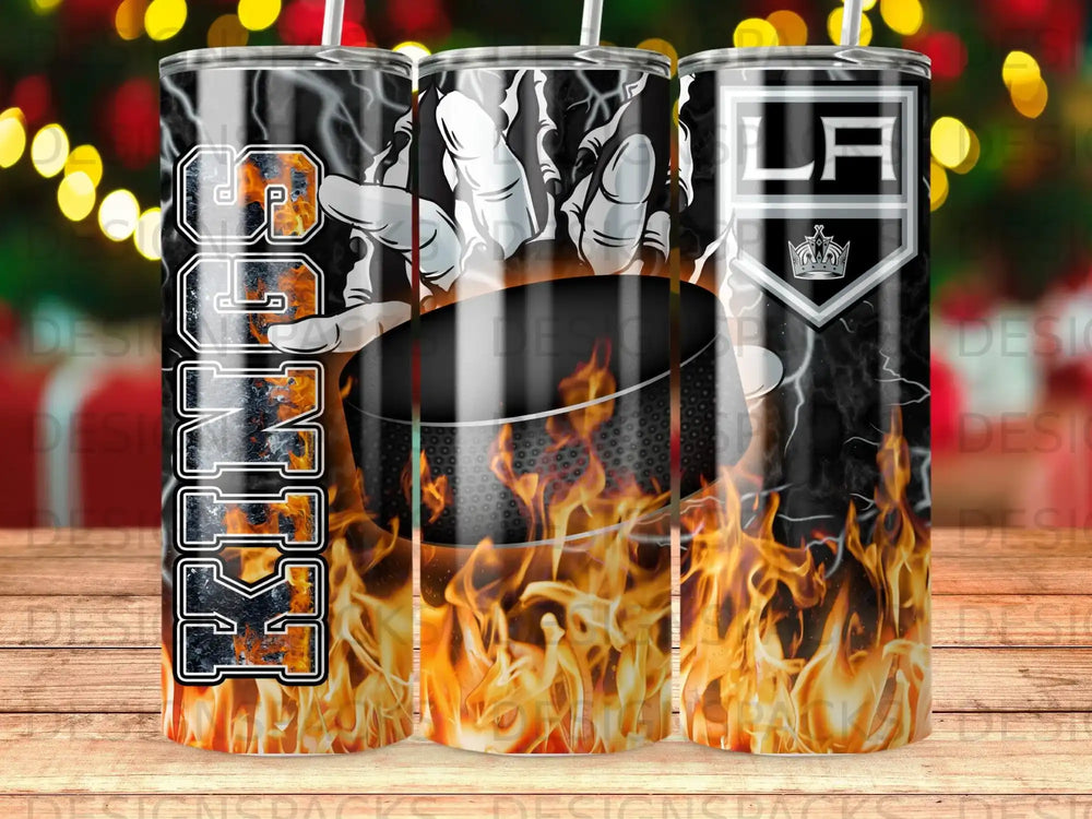 Los Angeles Kings hockey team logo with flames on three tumblers.