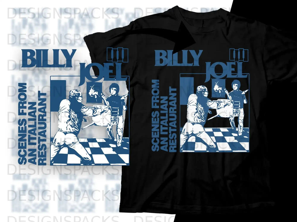 Billy Joel "Scenes From An Italian Restaurant" graphic tee on black shirts.