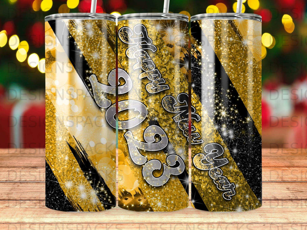 Black and gold sparkly "Happy New Year 2023" tumbler with glitter accents.