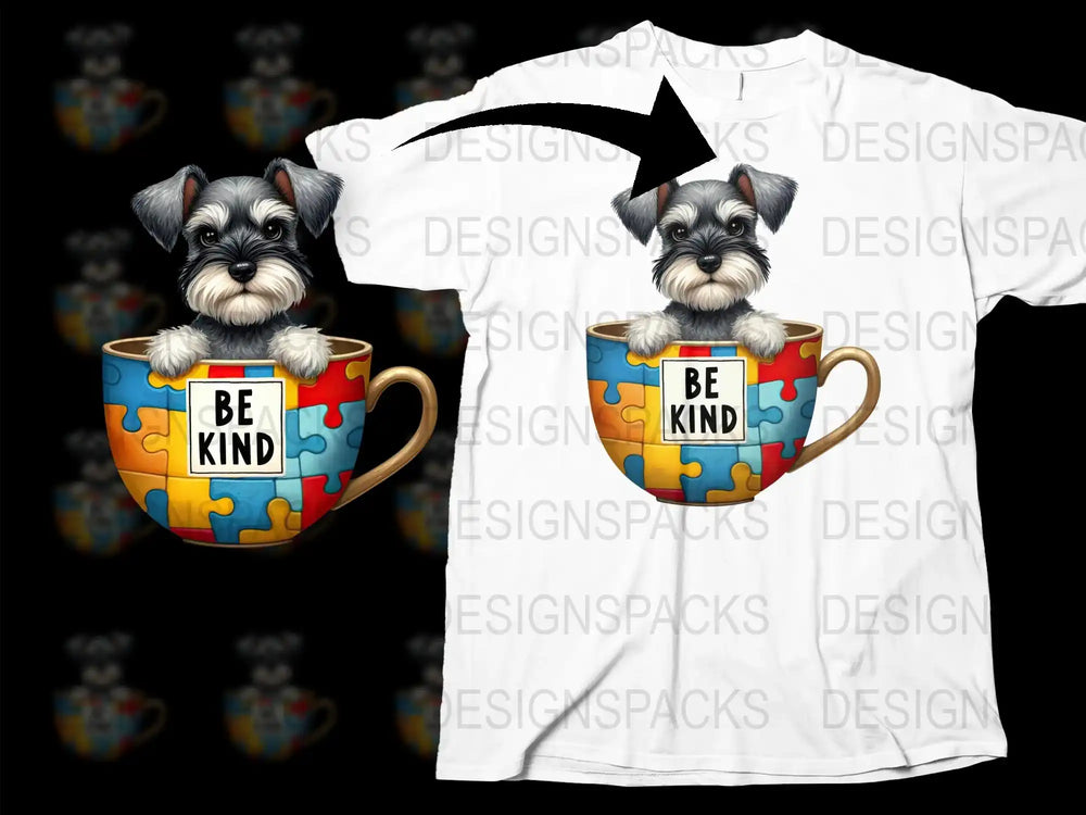 Cute Schnauzer Dog in Mug T-Shirt, Be Kind Puzzle Piece, Animal Lover Gift, Graphic Tee for Pet Owners