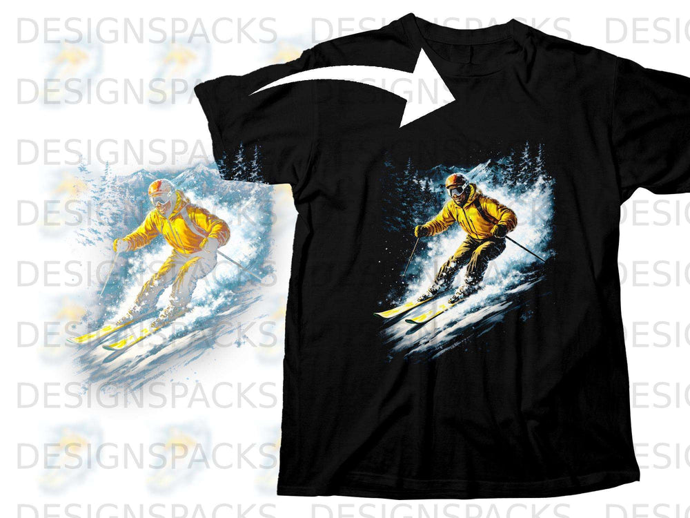 Black t-shirt with a graphic of a skier in a yellow jacket descending a snowy mountain.
