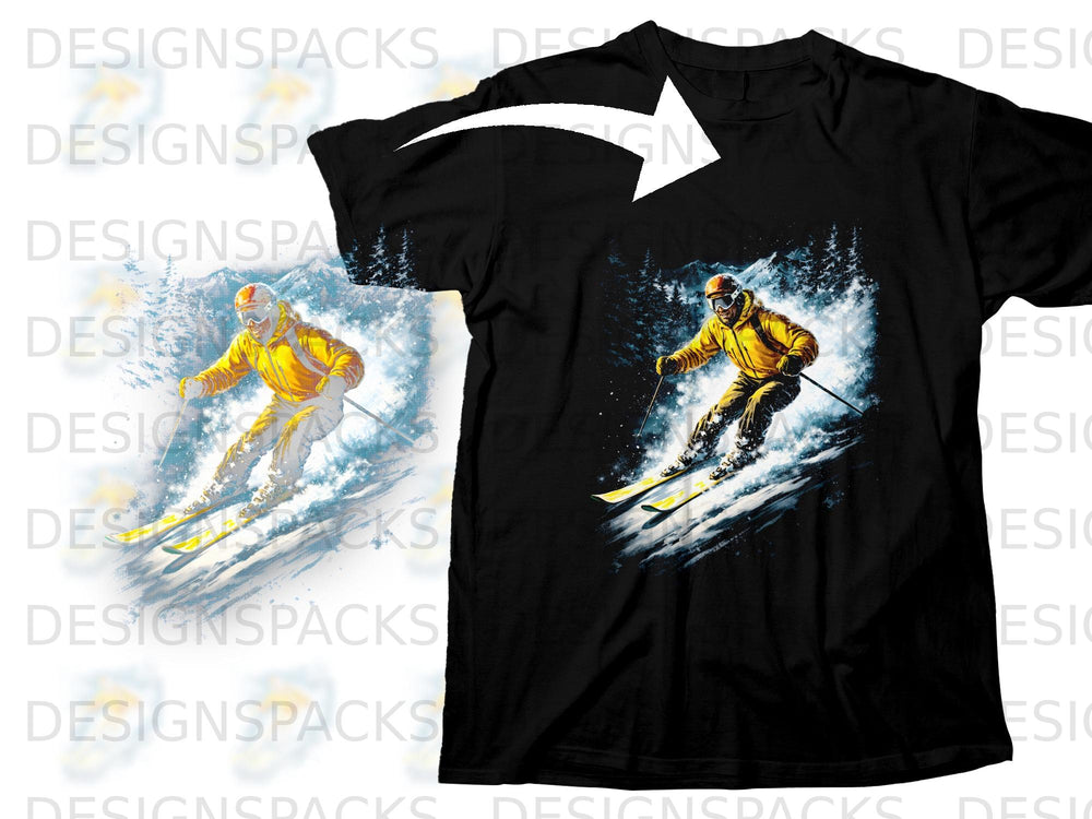 Black t-shirt with a graphic of a skier in a yellow jacket descending a snowy mountain.
