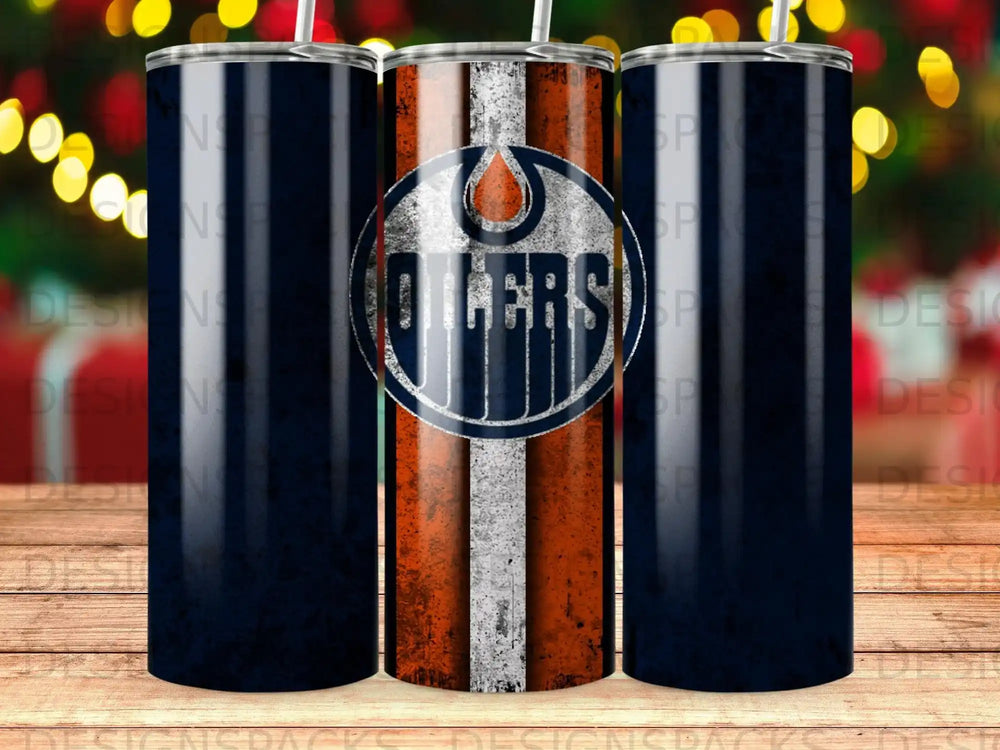 Edmonton Oilers logo on a distressed orange and white striped tumbler.