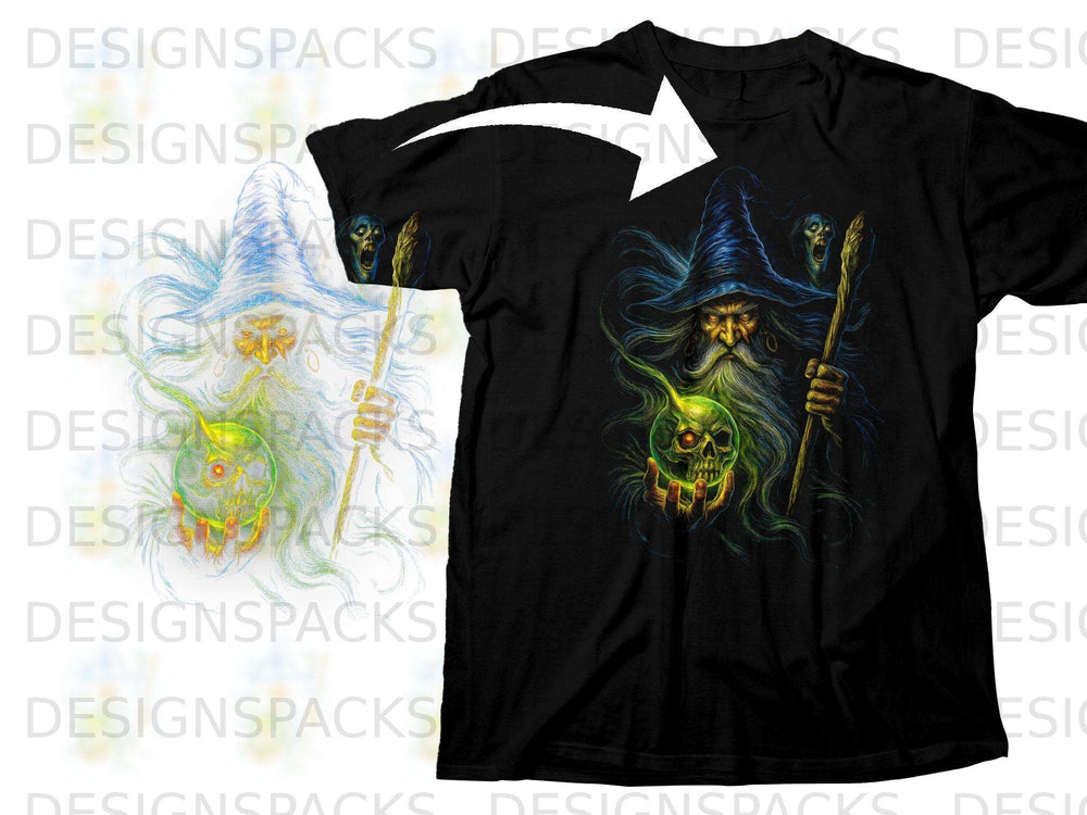 Black t-shirt with wizard and skull graphic, holding a glowing skull orb.
