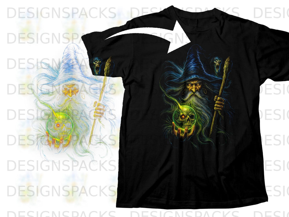 Black t-shirt with wizard and skull graphic, holding a glowing skull orb.