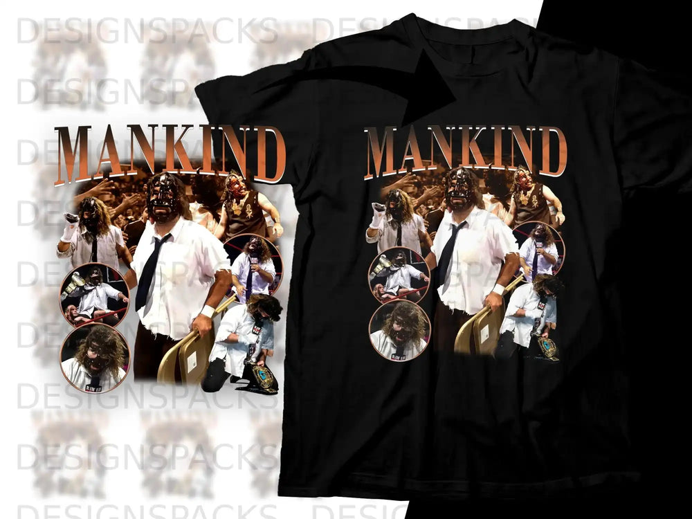 Mankind wrestling t-shirt featuring a collage of wrestler Mankind with text "RAW" and "RAW RIV".