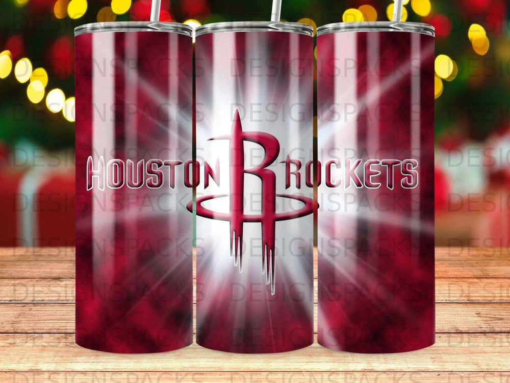 Houston Rockets tumbler with red and white logo and vertical stripes.