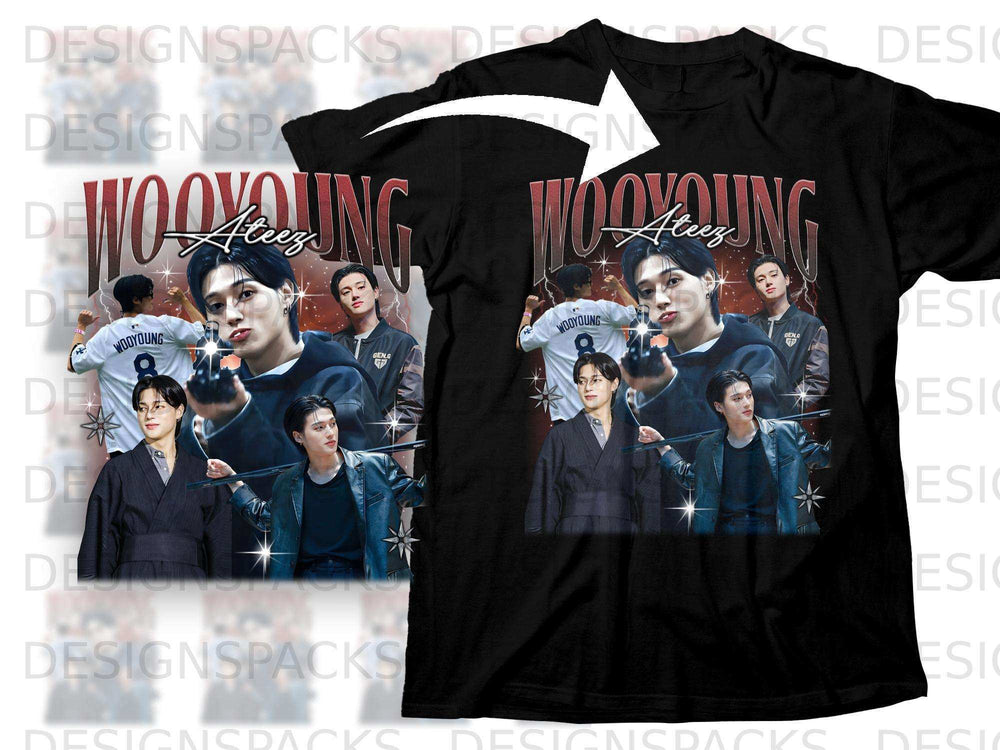 Ateeeyoung group photo on a black t-shirt with "WOOYOUNG" text.