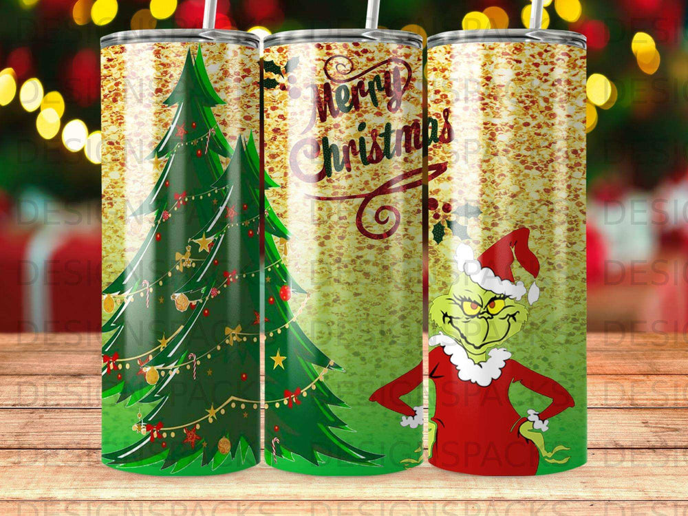 The Grinch and a Christmas tree on a glittery background with "Merry Christmas" text.