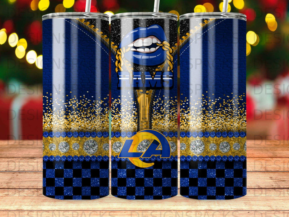 Los Angeles Rams lips and glitter tumbler with blue checkered accents.