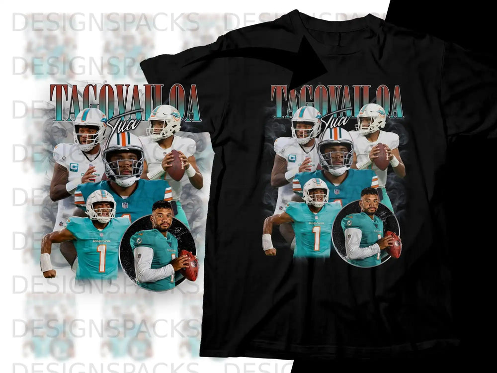 Tua Tagovailoa in Miami Dolphins uniform, holding football.