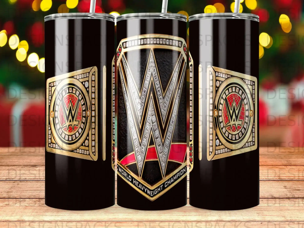 WWE Heavyweight Champion belt design on a black tumbler.