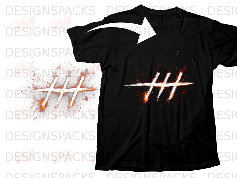 Black t-shirt with a red and orange graphic resembling tally marks.