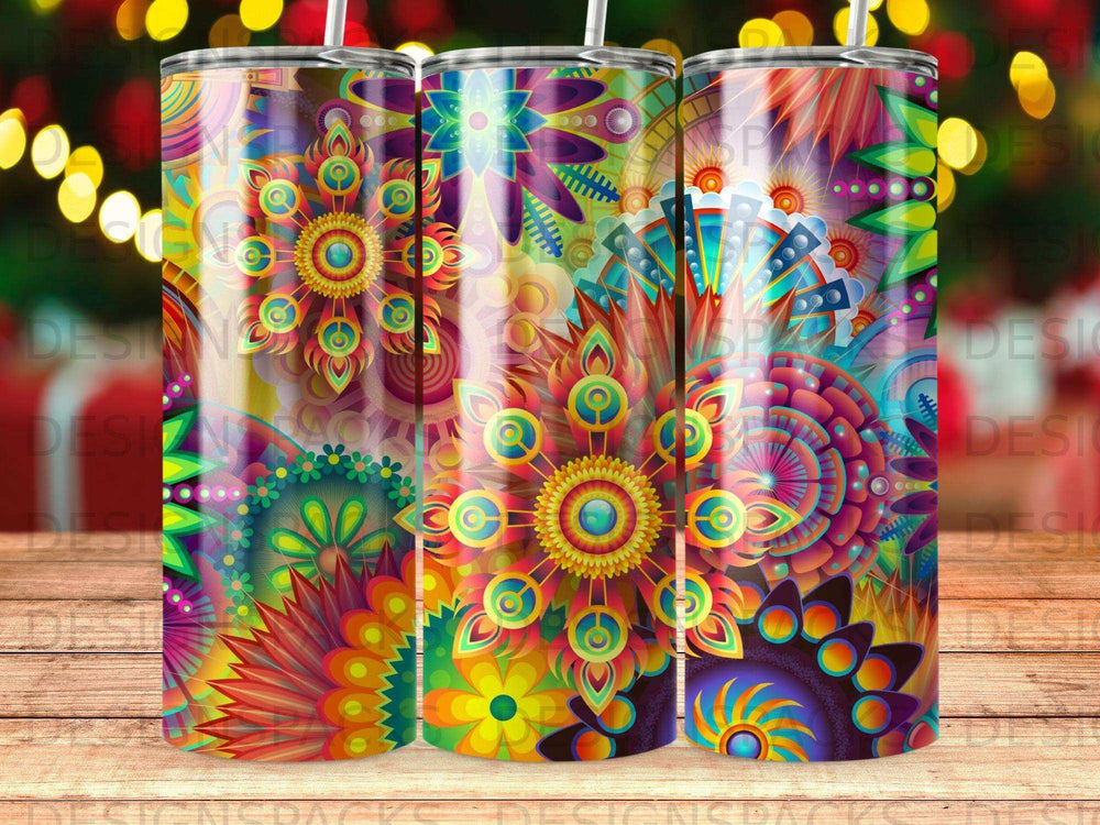 Colorful floral mandala pattern on three tapered tumblers.