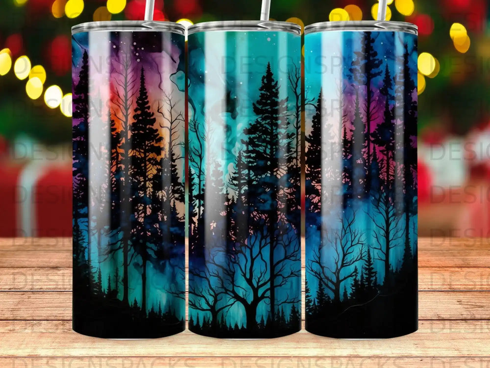 Tumbler with colorful abstract forest trees silhouette on dark background.
