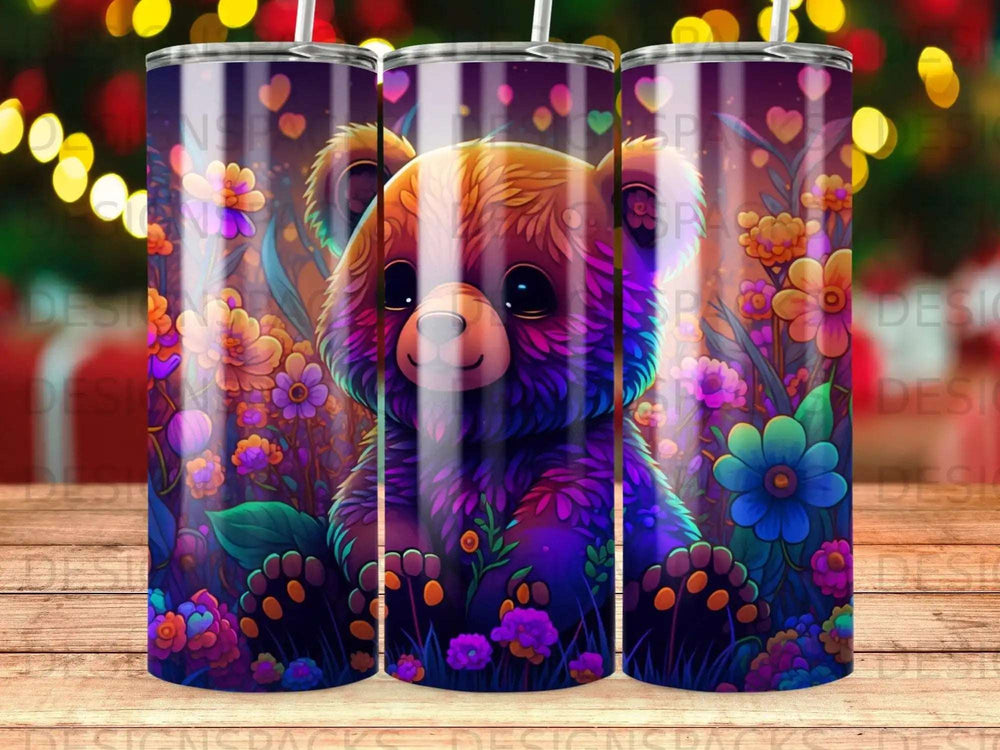 Colorful teddy bear with flowers and hearts design on a tumbler.