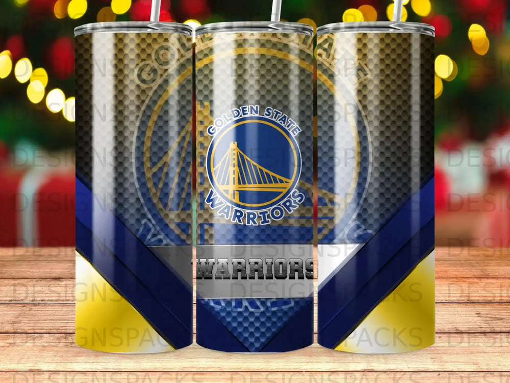 Golden State Warriors logo on a cylindrical tumbler with striped blue and gold design.