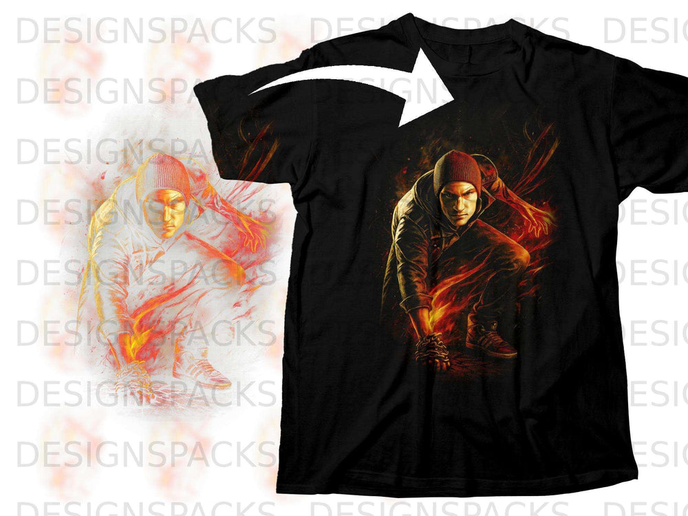 Black t-shirt with graphic of a man in a beanie, crouching with flames.