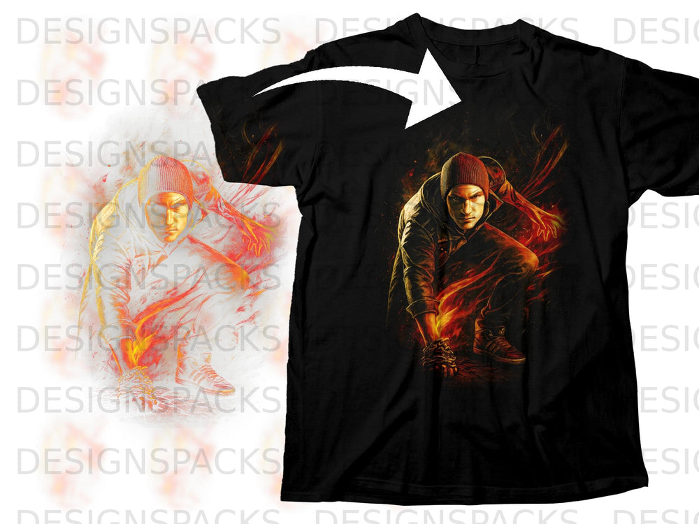 Black t-shirt with graphic of a man in a beanie, crouching with flames.