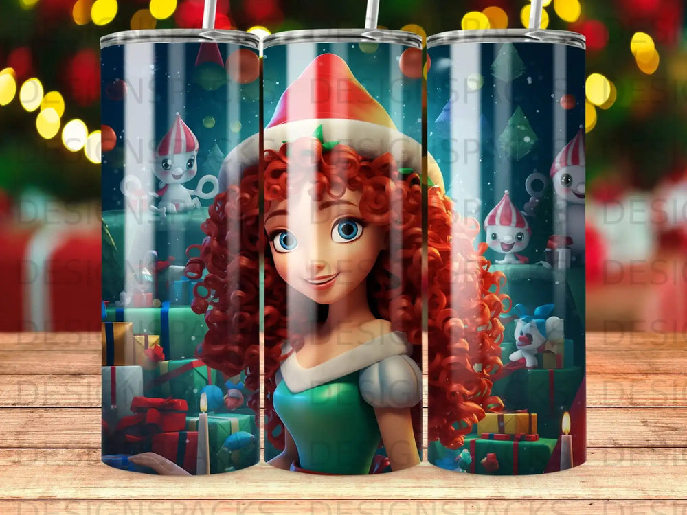 Merida from Brave with festive Christmas decorations and presents.