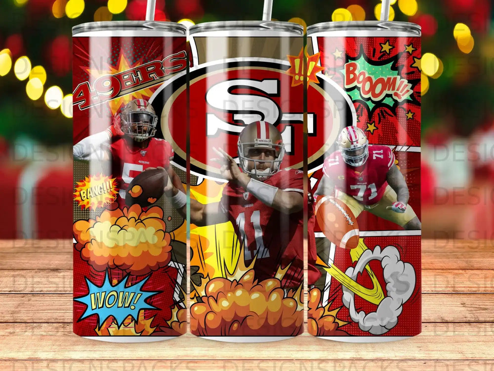 San Francisco 49ers comic book style tumbler with players and team logo.