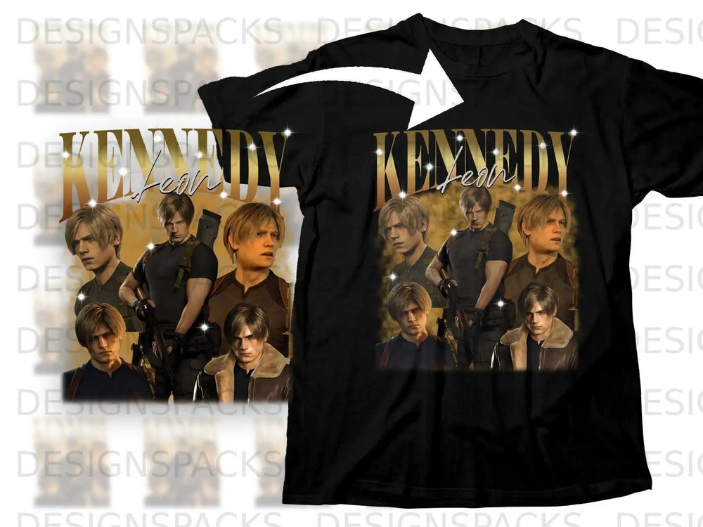 Collage of Leon S. Kennedy from Resident Evil on a black t-shirt.